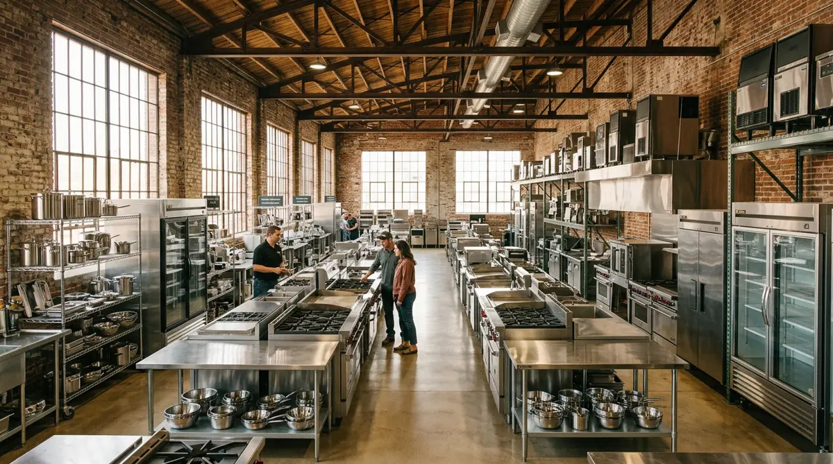 The Fort Smith showroom floor lined with stainless ranges, reach-in coolers, and prep tables