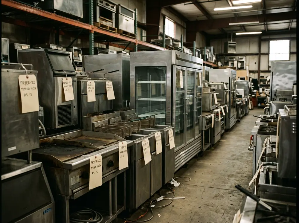 Rows of tagged used fryers, griddles, ice machines, and coolers in the Fort Smith warehouse